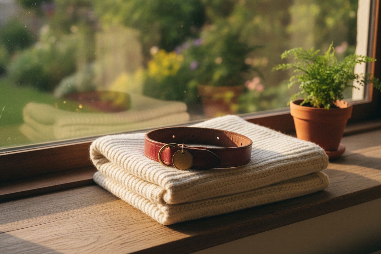 A worn red dog collar resting on a folded blanket on a sunny windowsill
