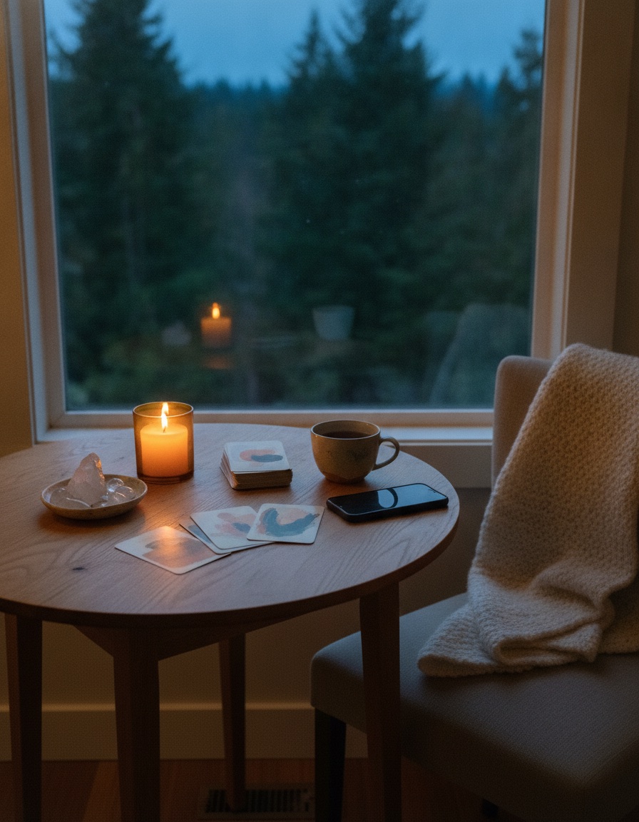 A candle, oracle cards and a cup of tea on a table by a window at dusk